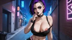 1girls ai_art ai_generated alley areola_slip areolae barely_clothed big_breasts bitchy black_clothing black_hair black_lipstick black_makeup black_nail_polish black_nails bored bored_expression breasts chocker city cityscape cleavage collar dark_makeup ear_piercing female female_focus female_only fishnet_armwear fishnet_stocking fishnets goth goth_fashion goth_girl goth_makeup gothic gothic_girl lewd lipstick makeup makeup_running midnight midriff nail_polish neon neon_lights night night_sky nipple_slip novel novel_ai open_mouth outline piercing prostitution purple_eyes purple_hair purple_nail_polish purple_neon purple_thong sexy sports_bra summer teeth two_tone_hair visible_nipples wallpaper