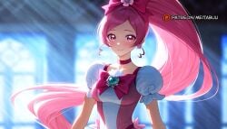 ai_generated blurry_background blush bow breasts choker closed_mouth cure_blossom double_bun dress eyeliner eyeshadow female hair_bun hair_ornament hairbow hanasaki_tsubomi heartcatch_precure! jewelry large_breasts long_hair looking_at_viewer makeup meitabuu multiple_girls pink_bow pink_dress pink_eyes pink_hair ponytail precure pretty_cure puffy_short_sleeves puffy_sleeves short_sleeves skirt smile solo swept_bangs toei_animation upper_body