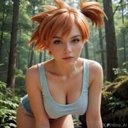 1girls 3d ai_generated artist_name bare_arms bare_shoulders bent_over blue_eyes blue_shorts blurry breasts cleavage closed_mouth collarbone cutoffs day denim denim_shorts eyelashes female female_only forest freckles green_eyes h0rny_ai kasumi_(pokemon) large_breasts leaning_forward lips looking_at_viewer medium_breasts misty_(pokemon) nature nintendo no_bra nose orange_hair outdoors parted_lips patreon pokemon realistic shirt short_hair short_shorts shorts side_ponytail sleeveless solo sweat tank_top taut_clothes taut_shirt teaser thighs tree twitter_username