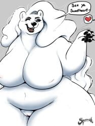 2020 3:4 anthro artist_logo bear belly big_breasts big_hair black_eyeliner black_eyes black_eyeshadow black_lips black_nose black_pawpads blush blush_lines breasts curvy_figure digital_media_(artwork) english_text eyeliner eyeshadow fangs featureless_breasts female front_view fur genitals gesture grey_background hair heart_symbol hi_res huge_breasts huge_hips huge_thighs lips logo long_hair makeup mammal mascara mature_anthro mature_female navel nipple_outline nude offscreen_character one_eye_closed open_mouth open_smile pawpads paws polar_bear portrait pussy simple_background slightly_chubby slightly_chubby_anthro slightly_chubby_female smile solo speech_bubble squeeeshie stacy_(squeeeshie) talking_to_another teeth text thick_thighs three-quarter_portrait tongue ursine voluptuous vulva waving white_body white_fur white_hair wide_hips wink winking_at_another