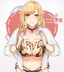 1girls big_breasts bikini blonde_hair body_writing breasts chocolate choker eye_contact female gyaru kitagawa_marin long_fingernails long_hair looking_at_viewer mystra77 nail_polish pink_eyes pink_nails solo sono_bisque_doll_wa_koi_wo_suru upper_body valentine's_day