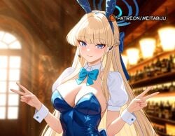 _long_hair ai_generated animal_ears blonde_hair blue_eyes blue_leotard blurry_background blush bow bowtie braid breasts closed_mouth double_bun eyeliner eyeshadow fake_animal_ears female hair_bun hairband halo large_breasts leotard long_hair looking_at_viewer makeup meitabuu playboy_bunny puffy_short_sleeves puffy_sleeves rabbit_ears short_sleeves smile solo swept_bangs thighhighs toki_(blue_archive) toki_(bunny)_(blue_archive) upper_body wrist_cuffs