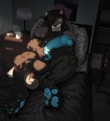 anthro balls barazoku bed big_balls big_penis black_body black_fur black_hair black_nose black_sclera blue_eyes blue_nipples blue_pawpads blue_penis dust_yang fangs felid foreskin front_view fur furniture genitals grey_body grey_fur hair hal_greaves hi_res huge_balls huge_cock humanoid_genitalia humanoid_penis inside male mammal muscular muscular_anthro muscular_male narrowed_eyes nipples nude on_bed open_mouth pawpads pecs penis reclining solo teeth uncircumcised