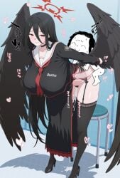 1boy black_choker black_hair black_wings blue_archive breasts chibi choker clothed_female_nude_male clothed_sex cum cum_in_pussy doodle_sensei_(blue_archive) feathered_wings female female_pubic_hair hair_between_eyes halo hasumi_(blue_archive) height_difference highres huet-pc huge_breasts justice_task_force_(blue_archive) large_breasts long_hair long_hair_between_eyes mole mole_under_eye nude oversized_wings pubic_hair red_eyes red_halo sensei_(blue_archive) sex wings