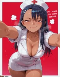 1girls 2025 :t ai_generated anime anime_girl anime_style arisua artist_name bangs big_breasts black_hair blush breasts brown_eyes cleavage closed_mouth collarbone covered_navel curvy curvy_body curvy_female dark-skinned_female dark_skin dress earclip english_text female hair_ornament hairclip hat hayase_nagatoro hi_res high_quality high_res high_resolution highres ijiranaide_nagatoro-san large_breasts long_hair looking_at_viewer nagatoro_hayase name_tag nurse nurse_cap nurse_uniform outstretched_arms patreon patreon_username please_don't_bully_me,_nagatoro pout red_background short_sleeves skindentation smile smug solo solo_focus sweat tan tease teasing thick thighs uncensored watermark white_dress