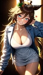 ahoge ai_generated animal_ears black_hair blush breasts brown_hair cleavage collarbone cowboy_shot eyeliner eyeshadow female grin hair_ornament head_tilt heart horse_ears horse_girl horse_tail jacket large_breasts long_hair looking_at_viewer makeup meitabuu mr._c.b._(umamusume) multiple_girls red_eyeshadow shirt smile solo teeth thighs umamusume