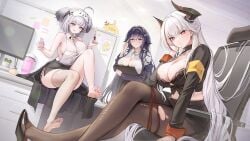 3girls :q admiral_zenker_(azur_lane) admiral_zenker_(fun_with..._interrogations?)_(azur_lane) ahoge arm_under_breasts armband azuma_(azur_lane) azuma_(career_counseling_for_the_groom)_(azur_lane) azur_lane bare_shoulders barefoot black_bra black_choker black_footwear black_gloves black_hair black_jacket black_legwear black_pantyhose black_skirt blush bra bra_peek breasts brown_pantyhose center_opening cg chair choker cleavage clipboard closed_mouth collared_shirt crossed_legs feet female glasses grey_eyes grey_hair hair_between_eyes hair_on_horn hair_ornament high_heels holding horns huge_breasts indoors jacket lace lace-trimmed_bra lace_trim large_breasts legs lingerie long_hair long_sleeves looking_at_viewer mask mask_on_head miniskirt monitor multicolored_hair multiple_girls necktie office_chair official_alternate_costume official_art open_clothes open_mouth orange_eyes pantyhose partially_unbuttoned pen pencil_skirt ponytail purple_hair purple_jacket red_eyes red_hair see-through_legwear semi-rimless_eyewear shirt shoe_dangle shoes sidelocks silver_hair single_shoe single_thighhigh sitting skindentation skirt sleep_mask sleeveless sleeveless_shirt smile soles stool streaked_hair swivel_chair thighhighs thighs toes tongue tongue_out torn_clothes torn_pantyhose twintails under-rim_eyewear underwear very_long_hair white_hair white_shirt white_thighhighs yellow_eyes z13_(azur_lane) z13_(strategic_date_solution)_(azur_lane)