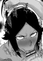 :>= black_and_white bleach blowjob blowjob_face censor_bar censored censored_penis fellatio female greyscale hair_grab kaiman_garupan male monochrome oral ponytail sex shihouin_yoruichi straight