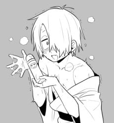 blush ctctctt gegege_no_kitarou ghost_boy hair_over_one_eye kimono kitarou_tanjou_gegege_no_nazo looking_at_viewer lotion lotion_bottle lube lube_bottle male male_only medama_oyaji_(human) monochrome off_shoulder sex_toy sweat twink upper_body