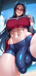 abs ai_generated beach big_balls big_penis blue_eyes bulge bulge_through_clothing bulge_under_clothes crop_top dark_blue_hair full-face_blush futa_only futanari league_of_legends long_hair mature_female muscular muscular_female muscular_futa seductive_smile skin_tight smirk sweat swimming_trunks tall_female thick_bulge thick_thighs tight_clothing veiny_penis volleyball_uniform