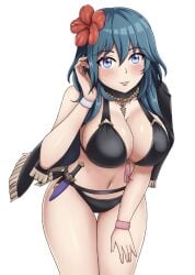 bikini black_bikini black_swimsuit blue_eyes blue_hair byleth_(fire_emblem) byleth_(fire_emblem)_(female) byleth_(summer)_(fire_emblem)_(female) edit female female_only fire_emblem fire_emblem:_three_houses fire_emblem_heroes light-skinned_female light_skin nintendo official_alternate_costume patdarux solo solo_female swimsuit