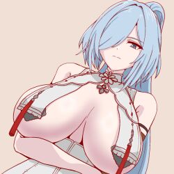 1girls asymmetrical_gloves bare_shoulders blue_eyes blue_hair blusphere breasts closed_eyes cosplay expressionless female girls'_frontline girls'_frontline_2:_exilium hair_over_one_eye halterneck huge_breasts looking_at_viewer low-angle_view lowres mosoro ponytail revealing_clothes simple_background sleeveless type_97_shotgun_(girls'_frontline) underboob