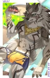 9:14 abs absurd_res anthro arm_tuft bulge canid canine canis clothed clothing dark_sclera ear_piercing ear_ring gold_(metal) gold_jewelry green_eyes hi_res hiei0221 jackal jewelry lifewonders looking_at_viewer male mammal mane piercing ring_piercing seth_(tas) solo swimming_trunks swimwear tokyo_afterschool_summoners topless topless_male tuft