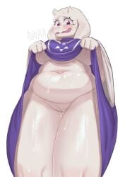 2025 2_horns 4_fingers anthro awkward big_breasts blush blush_lines bodily_fluids boss_monster_(undertale) bovid breasts caprine clothed clothing clothing_lift curvy_figure digital_media_(artwork) dress dress_lift dripping_pussy female fingers floppy_ears front_view glistening glistening_body goat grin haisevaa hi_res horn low-angle_view mammal navel nervous nervous_smile no_underwear overweight overweight_anthro overweight_female portrait presenting presenting_belly robe robe_lift shaded simple_background smile solo standing sweat sweatdrop sweaty_legs sweaty_thighs thick_thighs three-quarter_portrait toriel undertale undertale_(series) voluptuous voluptuous_female white_background white_body wide_hips