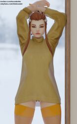 1girls 3d athletic blizzard_entertainment brigitte brown_hair clothed facing_viewer female female_only fit fit_female glaring hands_over_head human looking_at_viewer no_underwear overwatch see-through_clothing solo sweater swedish thehounde thighhighs visible_pussy