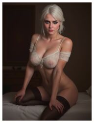 ai_generated bioartoid breasts cd_projekt_red ciri female green_eyes light-skinned_female looking_at_viewer mascara nipples nipples_visible_through_clothing no_panties nude solo solo_female stockings the_witcher_(series) the_witcher_3:_wild_hunt white_hair