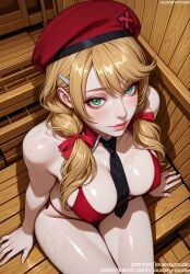 ai_generated arm_support bangs bare_shoulders beret bikini black_necktie blonde_hair blush braid breasts cleavage closed_mouth clothing code_geass code_geass:oz_the_reflection detached_collar female female female_only from_above green_eyes hair_ornament hair_ribbon hairbow hairclip hat headwear indoors jousneystudio large_breasts lips long_hair looking_at_viewer looking_up necktie neckwear oldrin_zevon pink_lips red_bikini red_headwear red_neckwear red_ribbon red_swimsuit ribbon shiny_skin sitting smile solo sweat swimsuit thighs twin_braids twintails wet wooden_floor