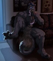 anthro autofellatio balls big_balls big_penis black_claws black_pawpads blue_eyes blue_hair claws dust_yang feet felid front_view fur furniture genitals glowing glowing_eyes grey_body grey_fur grey_tail hair hi_res huge_balls huge_cock inside long_tongue male male_anthro mammal masturbation medial_ring morgan_kavanagh muscular muscular_anthro muscular_male nude on_sofa oral oral_masturbation pawpads penile penile_masturbation penis penis_in_mouth purple_nose purple_tongue sitting sofa solo spread_toes tail toes tongue whiskers