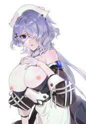 1girls aqua_hair areolae arknights bare_shoulders big_breasts blue_eyes breasts clothed collar dal-gi embarrassed exposed_breasts eyepatch female female_only gloves hair_over_one_eye hand_on_chest large_breasts long_hair looking_at_viewer maid_headdress nipples no_bra presenting_breasts shy solo standing uniform whisperain_(arknights) white_background