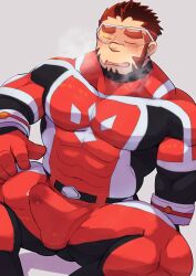 1boy akashi_(live_a_hero) baishen_(shi_rosaru675) bara bodysuit breath bulge cum cum_in_clothes cum_through_clothes erection erection_under_clothes facial_hair feet_out_of_frame goatee goggles highres large_pectorals live-a-hero long_sideburns male male_focus male_only muscular muscular_male pectorals red_bodysuit red_hair scar scar_on_face scar_on_nose short_hair sideburns sitting solo spread_legs thick_eyebrows thick_thighs thighs