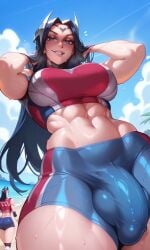 abs ai_generated beach big_balls big_penis blue_eyes bulge bulge_through_clothing bulge_under_clothes crop_top dark_blue_hair full-face_blush futa_only futanari irelia_xan league_of_legends long_hair mature_female muscular muscular_female muscular_futa seductive_smile skin_tight smirk sweat swimming_trunks tall_female thick_bulge thick_thighs tight_clothing veiny_penis volleyball_uniform