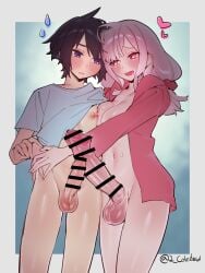 1boy balls bar_censor black_hair blush breasts censored clothes_lift erection female futa_with_male futanari heart highres huge_cock intersex jacket large_testicles long_hair male medium_breasts mirin_chikuwa navel nipples open_clothes open_jacket open_mouth original penis penis_size_difference pink_hair purple_eyes red_eyes red_jacket shirt_lift smile testicles
