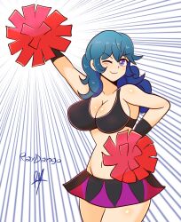 1girls alternate_costume big_breasts blue_eyes breasts byleth_(fire_emblem) byleth_(fire_emblem)_(female) cheerleader cheerleader_uniform cleavage crop_top curvy eyebrows_visible_through_hair female female_only fire_emblem fire_emblem:_three_houses hair_between_eyes human light-skinned_female light_skin long_hair looking_at_viewer nintendo one_eye_closed pom_poms raydango red_pom_poms skirt smile solo teal_hair thick thick_hips thick_thighs thighs wide_hips