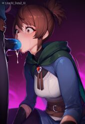 1boy ai_dota_ai ai_generated belt black_gloves blue_skin blush breasts brown_belt brown_eyes brown_hair cape cloak colored_skin cum cum_in_mouth deepthroat dota_2 fellatio female gloves green_cape hood hood_down irrumatio makeup marci marci_(dota) oral penis ponytail saliva short_hair short_ponytail solo_focus straight uncensored wide-eyed