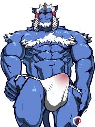 1boy abs bara beard biceps blue_fur broken_horn bulge censored claws closed_mouth commentary covered_testicles dingding_art english_commentary erection erection_under_clothes facial_hair final_fantasy final_fantasy_x fundoshi furry furry_male heart horns japanese_clothes kimahri_ronso looking_at_penis looking_down male_focus muscular muscular_male pectorals ronso single_horn smile speech_bubble spoken_heart topless_male white_background white_hair