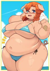 4_fingers akitaka anthro ass beach belly big_belly big_breasts big_butt bikini bikini_bottom bikini_top blue_bikini blue_clothing blue_eyes blue_swimwear blush bodily_fluids border breasts camel_toe clothing cloud curvy_figure dessert detailed_background domestic_pig eyebrows eyewear female fingers floppy_ears food freckled_butt freckled_face freckled_shoulders freckles genital_outline glasses glistening glistening_belly glistening_body glistening_breasts glistening_thighs hair half-rim_glasses holding_food holding_ice_cream_cone holding_object huge_breasts ice_cream ice_cream_cone kemono love_handles mammal navel nipple_outline open_mouth orange_hair pink_body portrait sky solo suid suine sus_(pig) sweat sweatdrop swimwear thick_thighs three-quarter_portrait three-quarter_view two-piece_swimsuit voluptuous vulva_outline water white_border wide_hips yellow_border