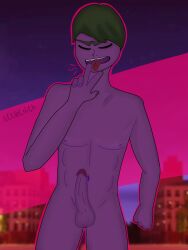 1boy argos artist_name closed_eyes cock erection felix_graham green_hair ibispaintx littlelilith male male_only miraculous_ladybug smile solo violet_skin