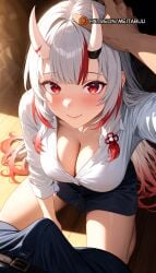 ai_generated blush breasts bulge cleavage closed_mouth erection_under_clothes female gradient_hair grey_hair hair_ornament hand_on_another's_head hololive hololive_gen_2 hololive_japan horns kneeling large_breasts long_hair looking_at_viewer meitabuu multicolored_hair nakiri_ayame oni red_eyes red_hair skin-covered_horns smile solo_focus streaked_hair thighs virtual_youtuber white_hair