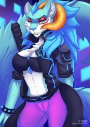 2020 anthro artist_name belly_button blue_hair blue_nose breasts cat_humanoid cleavage clothed clothing ear_tuft eyebrows eyelashes face_markings fangs feline feline_humanoid female female_only furry furry_female furry_only horns jacket litchie_d long_hair looking_at_viewer neck_tuft patreon pussy_visible_through_clothes red_eyeshadow red_markings rikki_(litchiedraw) saber_tooth_tiger smiling smiling_at_viewer solo solo_female spiked_bracelet tail teel_eyebrows teeth teeth_clenched teeth_showing turquoise_eyes white_body white_sclera