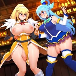 2futas 2girls ai_generated aqua_(konosuba) balls blonde_hair blue_eyes blue_hair blush boots breasts darkness_(konosuba) detached_sleeves female flaccid_penis futanari hair_ornament hair_rings intersex kono_subarashii_sekai_ni_shukufuku_wo! large_breasts long_hair multiple_girls nipples no_panties penis ponytail racerai skirt testicles thighhighs uncensored x_hair_ornament