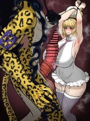 1boy animal_genitalia armpits arms_up before_sex big_breasts blonde_hair blue_eyes blush breasts garter_belt gorio huge_breasts male one_piece restrained rob_lucci stockings stussy_(one_piece) tied_up