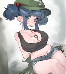 1girls big_breasts blue_eyes blue_hair blush breasts cap cleavage clothed clothing female frogsnake fully_clothed hat human large_breasts light-skinned_female light_skin nitori_kawashiro pale_skin short_shorts shorts solo solo_female solo_focus sweat tank_top thick_thighs touhou wide_hips