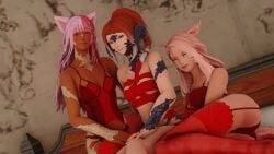 1futa 2girls 3d au_ra cat_ears cat_tail catgirl final_fantasy final_fantasy_xiv futanari gpose(ffxiv) horns kokume_rosebrace methalin_(shiori) miqo'te pink_eyes pink_hair raen red_hair scales shiori_rosebrace srosebrace tail trio valentine's_day xaela