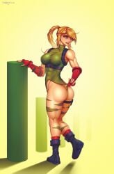1girls ass ass_focus blonde_hair blue_eyes cammy_white_(cosplay) capcom danderfull female fingerless_gloves legs leotard light-skinned_female light_skin metroid muscular muscular_female nintendo ponytail samus_aran street_fighter wedgie