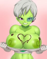 1girls alien alien_girl areolae big_breasts breasts cheelai chocolate_heart chocolate_on_breasts dragon_ball dragon_ball_super eye_contact female female_focus female_only green-tinted_eyewear grey_hair huge_breasts looking_at_viewer nipples purple_eyes scouter short_hair solo tinted_eyewear ttrop upper_body valentine's_day