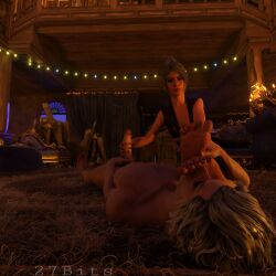 1boy 1girls 27bits 3d 3d_render astarion baldur's_gate_3 black_hair elf feet_on_face female green_eyes handjob indoors male nude nude_male painted_toenails penis shadowheart stroking_cock white_hair