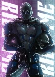 alien animal_genitalia armor backlighting biker_jacket bioware blue_eyes blue_penis bodypaint bottomwear celius_acillion clothed clothing electronic_arts english_text erection face_paint genital_slit genitals gloves grin handwear headgear helmet hi_res holding_armor holding_headgear holding_helmet holding_object jacket knot lazlowo light lighting looking_at_viewer male mass_effect open_bottomwear open_clothing open_jacket open_pants open_topwear pants partially_clothed penis presenting presenting_penis smile solo standing teeth text topwear turian