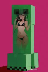 absurdres bikini black_bikini black_hair black_nails blue_archive blush breasts creeper double_bun double_v female grey_eyes hair_bun highres kisaki_(blue_archive) minecraft momobug22 open_mouth red_background small_breasts solo standing sweat swimsuit twintails v vibrator_under_swimsuit