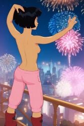 4th_of_july ai ai_art ai_generated amy_wong asian asian_female back_view bare_breasts black_hair boots female fireworks freedom_day futurama nudity partially_clothed partially_clothed_female partially_nude pink_pants small_breasts topless topless_female