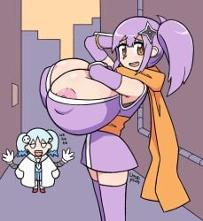 alternate_breast_size alternate_version_available breast_expansion breasts_bigger_than_head female female_only flustered huge_breasts hyper_breasts ill_fitting_clothing inconvenient_breasts izutsumi_marin kusagakure_satoko looking_at_viewer ninja ninja_outfit ninja_to_koroshiya_no_futarigurashi nipple_slip nipples_visible_through_clothing public purple_hair scarf slim top_heavy