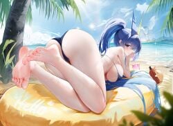 ass azur_lane bare_legs bare_shoulders barefoot beach bikini black_bikini blue_bikini blue_eyes blue_hair blue_sky blush breasts cloud cup day drinking_straw feet female foot_focus foreshortening from_behind full_body halo holding horns innertube large_breasts legs long_hair looking_at_viewer looking_back lotion mouth_hold new_jersey_(azur_lane) new_jersey_(midsummer_leisure)_(azur_lane) ocean official_alternate_costume outdoors palm_leaf palm_tree ponytail sand sideboob single_horn sky soles solo swimsuit tail thighs toenails toes tree very_long_hair water wet