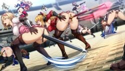 6+boys anal anal_object_insertion ass bent_over blonde_hair blurry blurry_background bow_(weapon) breasts brown_hair change_in_common_sense character_request covered_nipples daiaru dark-skinned_female dark_skin djeeta_(granblue_fantasy) dress female_ejaculation granblue_fantasy katana large_breasts long_hair multiple_boys narmaya_(granblue_fantasy) object_insertion pink_skirt polearm purple_hair pussy pussy_juice red_dress shirt short_hair skirt spear sword top-down_bottom-up vira_(granblue_fantasy) weapon white_shirt