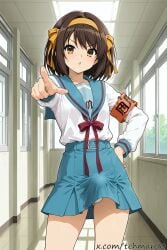 1boy ai_generated armband brown_eyes brown_hair bulge femboy genderswap_(ftm) hairband looking_at_viewer male pointing_at_viewer rule_63 school school_uniform skirt suzumiya_haruhi suzumiya_haruhi_no_yuuutsu tagme tehmar trap