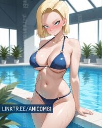 2025 ai_generated android18dx android_18 anicom61 anime belly blonde_eyebrows blonde_female blonde_girl blonde_hair_female blue_bikini blue_eyes_female crunchyroll dragon_ball female female_only instagram looking_at_viewer meta pool_background red_cheeks sitting smile_at_viewer smiling_at_viewer toei_animation tummy wet_bikini wet_body wet_skin