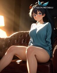 ai_generated antenna_hair black_hair blue_eyes blush breasts closed_mouth female ganaha_hibiki idolmaster_(classic) long_hair looking_at_viewer meitabuu oerba_yun_fang on_couch ponytail sitting smile solo standing thick_thighs thighs