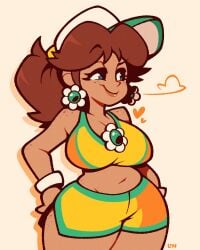 1girls big_breasts brown_hair busty curvy earrings female green_eyes hat heart hips hips_wider_than_shoulders legendofnerd mario_(series) midriff nintendo ponytail princess_daisy short_shorts shorts tan-skinned_female tan_skin thick_thighs thighs